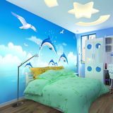 儿童房卡通背景墙纸防水加厚环保壁纸卧室床头3D无缝壁画   海豚