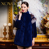 XOVO品质女装 2016新款狐狸毛拼接整皮獭兔毛皮草外套中长款