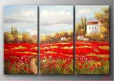 现代地中海手绘风景油画客厅装饰画无框画红花地三联画壁画M977