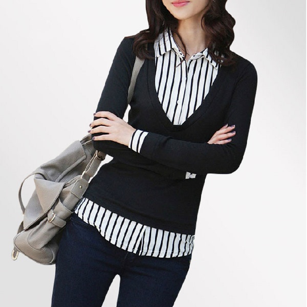 大码秋装2014新款韩版职业装修身纯棉长袖女士衬衫领假两件套t恤图片