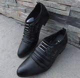 时尚套脚黑色男士休闲皮鞋韩版尖头男鞋英伦风潮流高跟男式小皮鞋