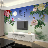 大型壁画电视背景墙纸 客厅沙发3D立体壁纸 家和万事兴 蓝色牡丹