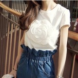 包邮韩国新款 夏季女装 纯色立体花朵上衣 修身T恤女短袖T女潮