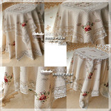 外单棉麻立体手绣花餐桌布210直径大圆桌布/简约中式米白色DLH810