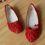 时尚红色水晶绣花婚鞋伴娘鞋 纯手工定制新娘鞋平底低跟单鞋女鞋