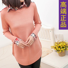 ...2014秋冬新品女装假两件套衬衫领长袖中长款针织衫外套毛衣