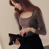 韩版女装2015春季新品百搭修身显瘦性感长袖羊绒棉打底衫一字领t