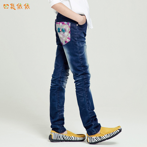 女中大童牛仔裤秋季童装深色磨白单裤子儿童松紧腰铅笔长裤韩版潮