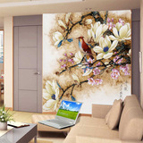 中式古典玄关走廊客厅电视背景墙纸壁纸壁画大型工笔国画玉兰花鸟