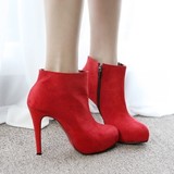 韩国代购靴子正品16裸靴 高跟 防水台秋冬新娘绒面女靴红色短靴