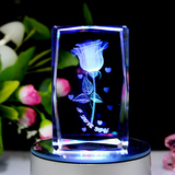创意刻字水晶3D内雕玫瑰花发光旋转音乐盒生日礼物情人节礼物