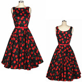 欧美50S年代原创赫本复古风一字领黑底红樱桃大摆修身显瘦连衣裙