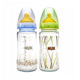原装进口 NUK宽口径硅胶/乳胶玻璃奶瓶240/120ML 耐高温玻璃奶瓶