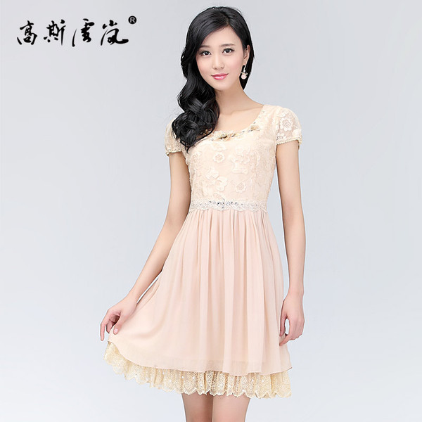 高斯雪岚2014秋季新款连衣裙蕾丝雪纺中年大码女装短袖拼接中长裙