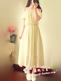 2016韩国甜美蕾丝露肩花苞袖波点收腰短袖vintage复古长裙连衣裙