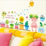 卡通娃娃植物花盆墙贴 幼儿园儿童房装饰防水可移除贴纸贴画