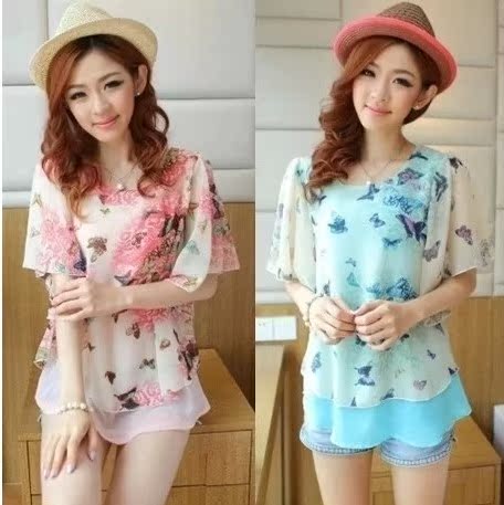 夏天<em>衣服韩版</em>大码<em>女</em>雪纺衫短袖女装碎花假两件