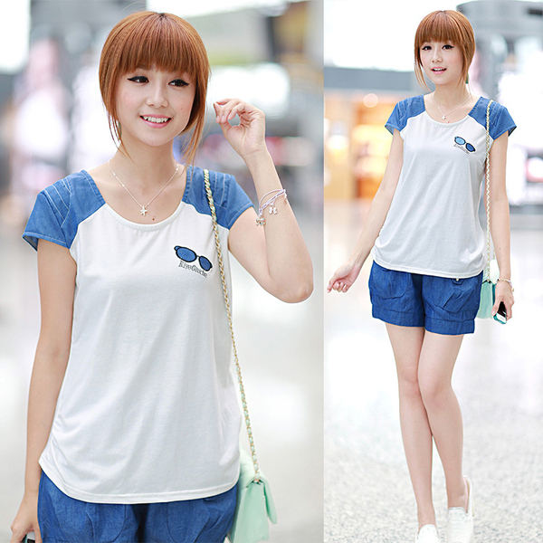 青少年女装 夏装15岁少女装中学生短袖t恤牛仔短裤纯棉运动套装13