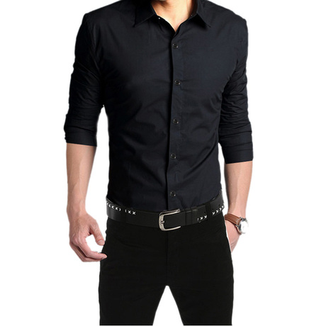 2014春秋新款纯色男士长袖衬衫韩版修身黑色