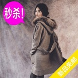 韩版SZ大码女装毛衣宽松加厚带帽大毛领中长款女毛衣开衫外套包邮