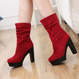 秋冬季新款红色婚鞋时尚中筒女靴粗跟高跟防水台骑士靴套筒女靴子