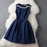 2014春装新款韩国版复古提花面料领口订钻修身无袖背心连衣裙女装