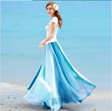 雪纺半身裙长裙波西米亚双拼色大摆中长百褶仙女纱裙沙滩裙子夏季