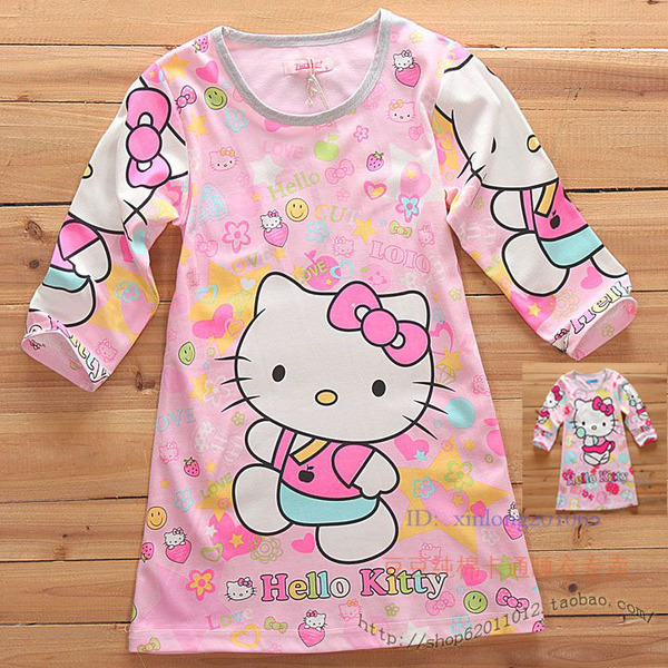 两件包邮童装春秋纯棉儿童睡衣hellokitty 女童长袖睡裙 宝宝睡裙