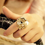 D135韩国饰品批发 大牌复古玫瑰花朵珍珠戒指 开口韩版女潮人指环