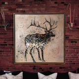 沙发背景墙挂画 美式动物手绘有框装饰画大幅油画布 迷幻色的麋鹿