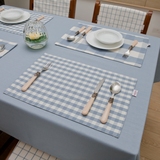 现代简约宜家风餐桌餐垫 灰蓝色格子桌布双层餐杯垫布艺 桌旗定制
