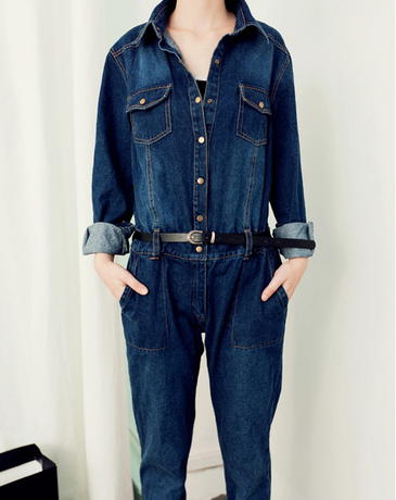 2014秋冬新款韩版工装长袖牛仔连衣裤帅气英