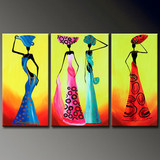 宜家手绘油画装饰画家居无框画挂画卧室三联抽象非洲女性3L347
