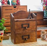 Zakka实木做旧复古桌面2抽屉收纳木盒 欧式首饰盒 储物柜