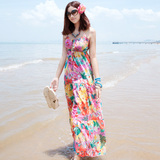 度假风亲子夏季女装波西米亚长裙碎花纯棉连衣裙沙滩裙吊带裙子