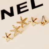 新款韩国小饰品水晶镶钻镀金海星三件套耳钉可爱甜美耳环耳饰