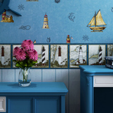 米冠蓝色地中海壁纸腰线 AB版搭配 灯塔航海图儿童房墙纸腰线10米