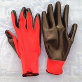 十三针薄胶劳保手套 红纱黑浸胶手套 优质耐油柔软尼龙丁腈手套