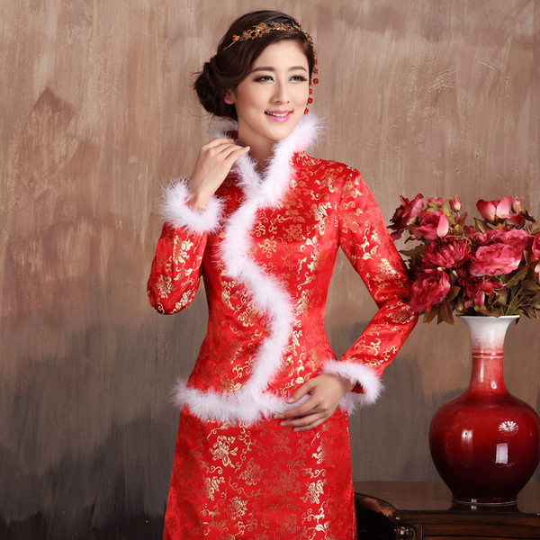 冬装棉旗袍新娘冬季晚礼服敬酒服旗袍加厚冬季结婚礼服长款夹棉
