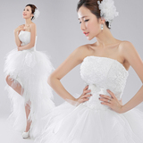 新款新娘婚纱白色时尚韩版前短后长婚纱抹胸大拖尾绑带 清爽美丽