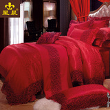 家纺婚庆床上用品多件套 结婚四六件套大红色蕾丝 婚庆床品十件套