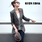 2014春装新款韩版英伦格子女装修身衣服 小西服双排扣短外套潮