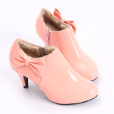 新款大号婚鞋时尚正品粉色公主大码女鞋41-43牛皮高跟短靴单鞋冬