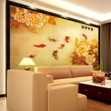 欧尚大型壁画牡丹花鱼富贵有余中式客厅卧室影视背景玄关壁纸墙纸