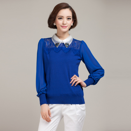 带领子的打底衫女款针织衫t恤春秋季雪纺长袖