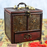 中式仿古董复古梳妆首饰盒 化妆品饰品收纳小木盒子 创意生日礼物