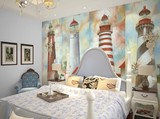 地中海风格油画灯塔电视沙发背景大型壁画 卧室客厅墙纸无缝壁纸