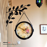 连理枝挂钟 田园欧式古典做旧卧室客厅双面钟 创意装饰铁艺钟表