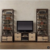 美式复古防锈铁艺客厅电视组合柜书架电视柜做旧实木书房组合柜