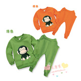 儿童韩版春秋宝宝男童女童装卡通大嘴猴加厚抓绒卫衣哈伦运动套装